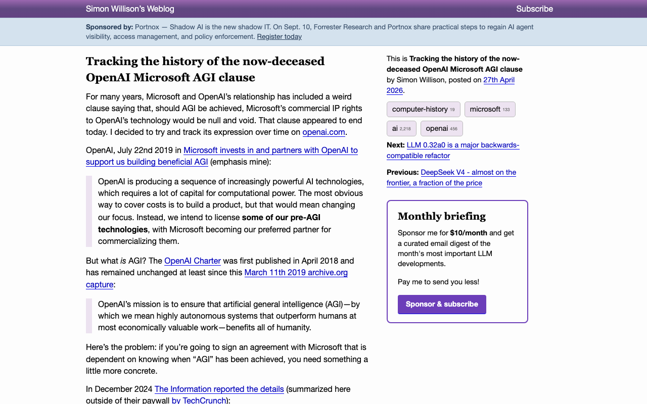 Screenshot of Simon Willison's weblog post Tracking the history of the now-deceased OpenAI Microsoft AGI clause, quoting the 2019 Microsoft investment announcement and the OpenAI Charter definition of AGI