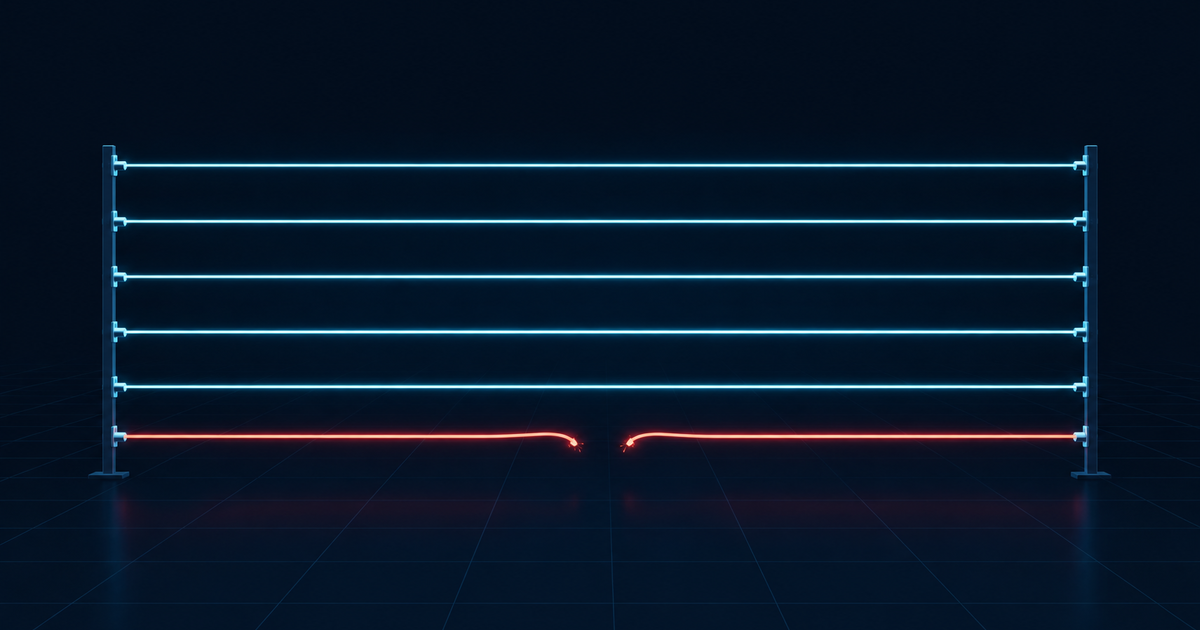Flat vector illustration on a near-black navy floor grid: six taut horizontal wires stretched between two upright posts, the top five glowing pale cyan and unbroken, the lowest one snapped in the middle with its two loose ends curling back and glowing red