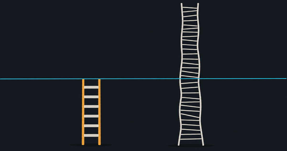 Flat vector illustration: a short six-rung ladder stands straight and solid with its top touching a thin cyan ruler line, while beside it a very tall thirty-rung ladder is warped and splayed and runs far past the same line