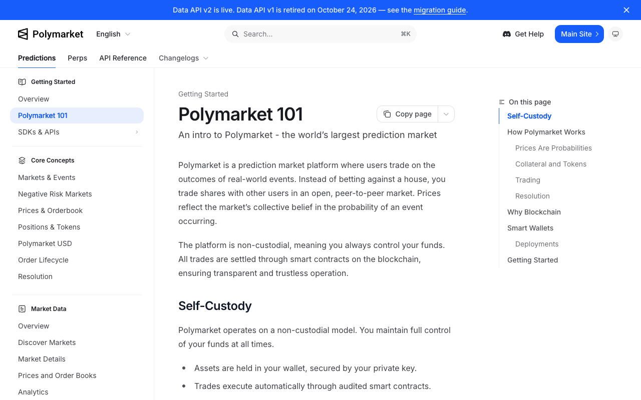 Screenshot of Polymarket's own documentation site, the Polymarket 101 page, whose Core Concepts sidebar lists Markets and Events, Negative Risk Markets, Prices and Orderbook, Positions and Tokens, Order Lifecycle and Resolution, beside body text stating that prices reflect the market's collective belief in the probability of an event occurring