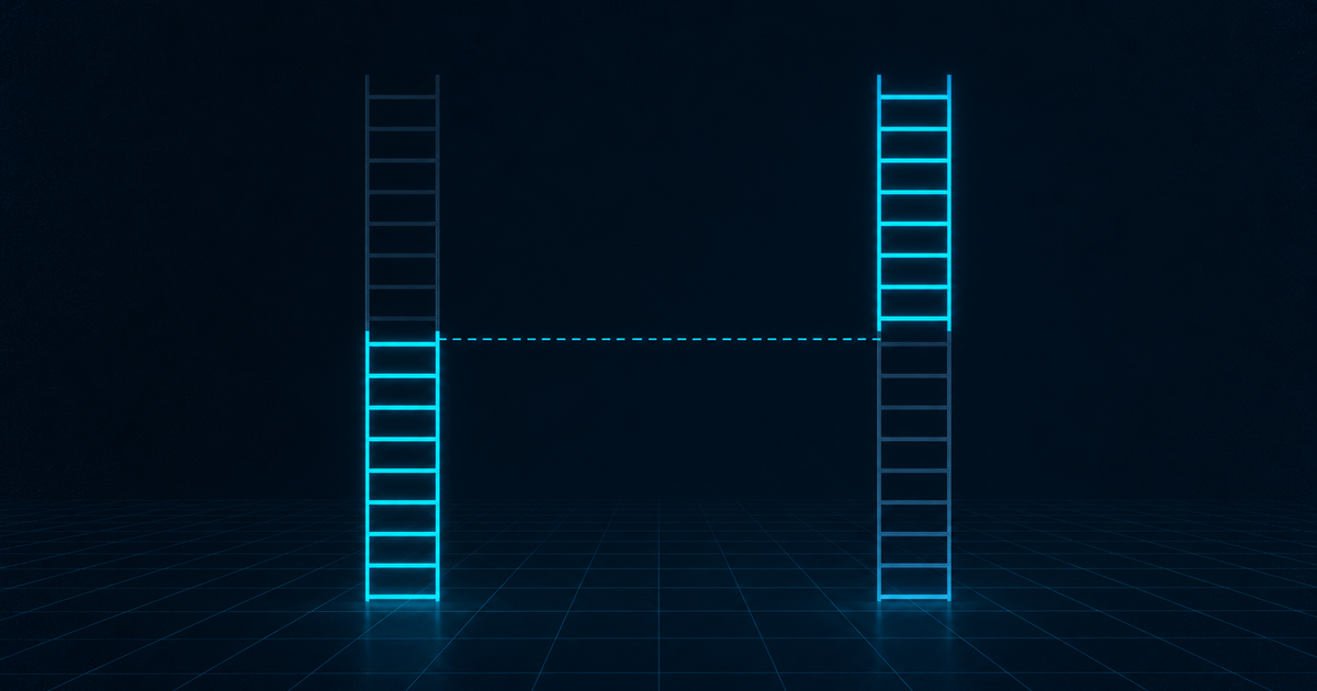 Flat vector illustration on a near-black navy floor grid: two tall outlined ladders standing side by side, the left one glowing bright cyan on its lower rungs and fading to dim grey at the top, the right one dark on its lower rungs and glowing cyan on its upper rungs, with a dashed cyan line running across the image at the same height on both