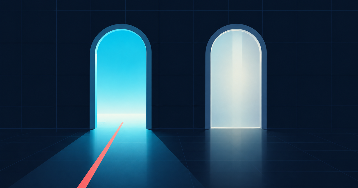 Flat vector illustration on a dark navy grid: two tall archways side by side, the left one standing wide open with cyan light pouring through onto the floor, the right one still closed behind a pale translucent panel lit faintly from behind, with a thin coral red line on the floor running into the open left archway