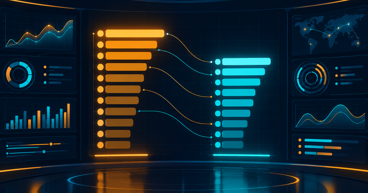 Two glowing ranked ladders of stacked horizontal bars side by side on a dark control-room wall, one amber and one cyan, linked by thin lines to represent the Models and Labs views of the same AI agent leaderboard