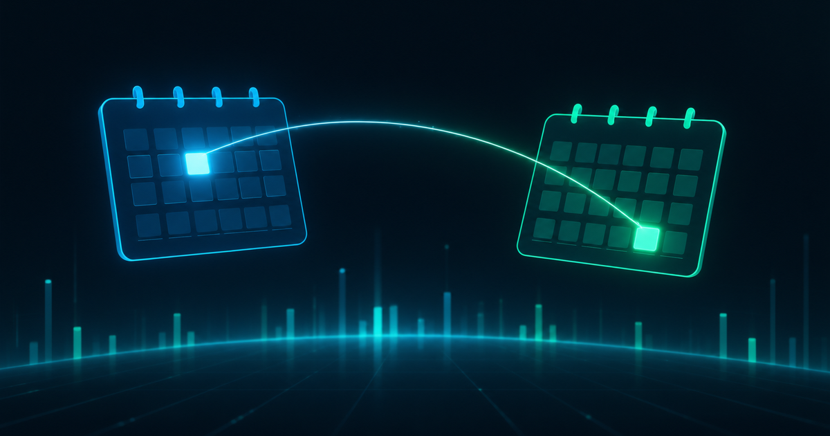 Two glowing calendar grids floating above a field of teal data bars, each with a single date cell lit and joined by a thin probability arc, representing two venues pricing the same Gemini 4 release deadline