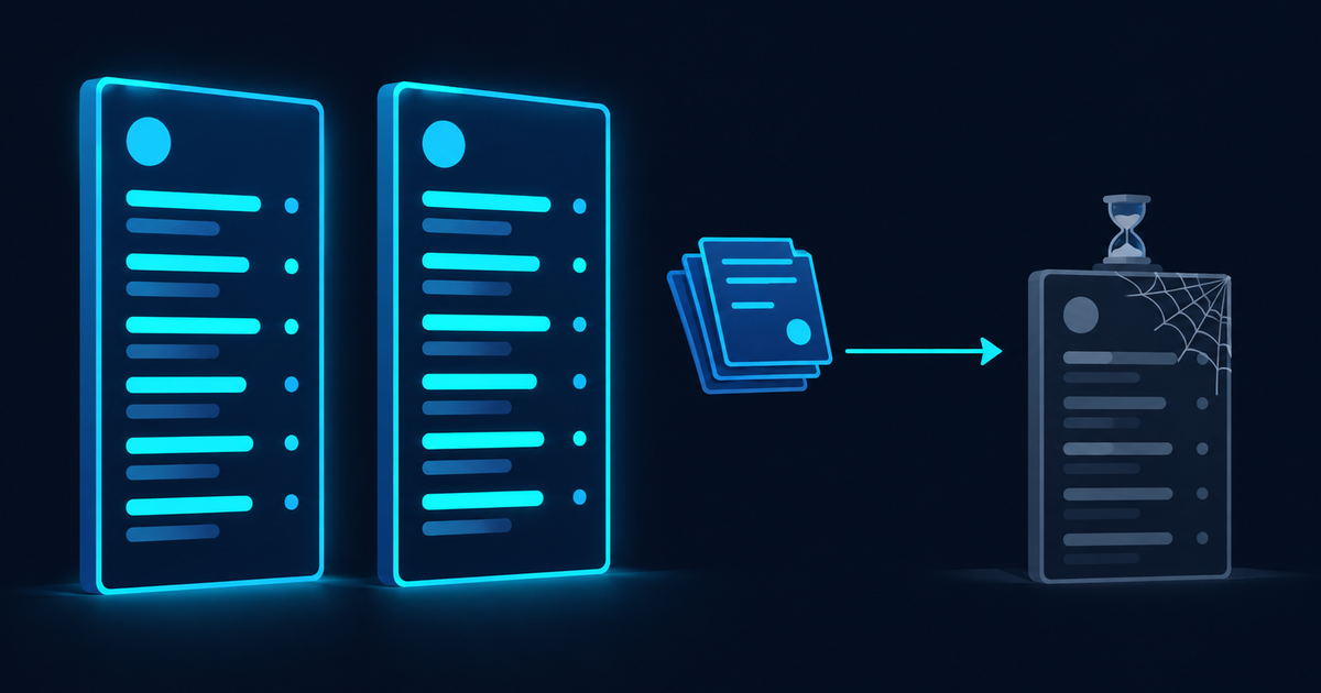 Flat vector illustration: two tall brightly lit leaderboard panels stand beside a third that is short, greyed out and covered in cobwebs with an hourglass on top, while a cyan arrow carries a stack of contract documents past the two bright boards and into the dim one