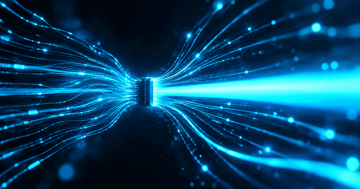 Abstract cinematic render on a near-black navy field: dozens of thin glowing cyan data filaments converge from the left into a single small routing block, then fan out again to the right, where one beam is many times thicker and brighter than all the others combined