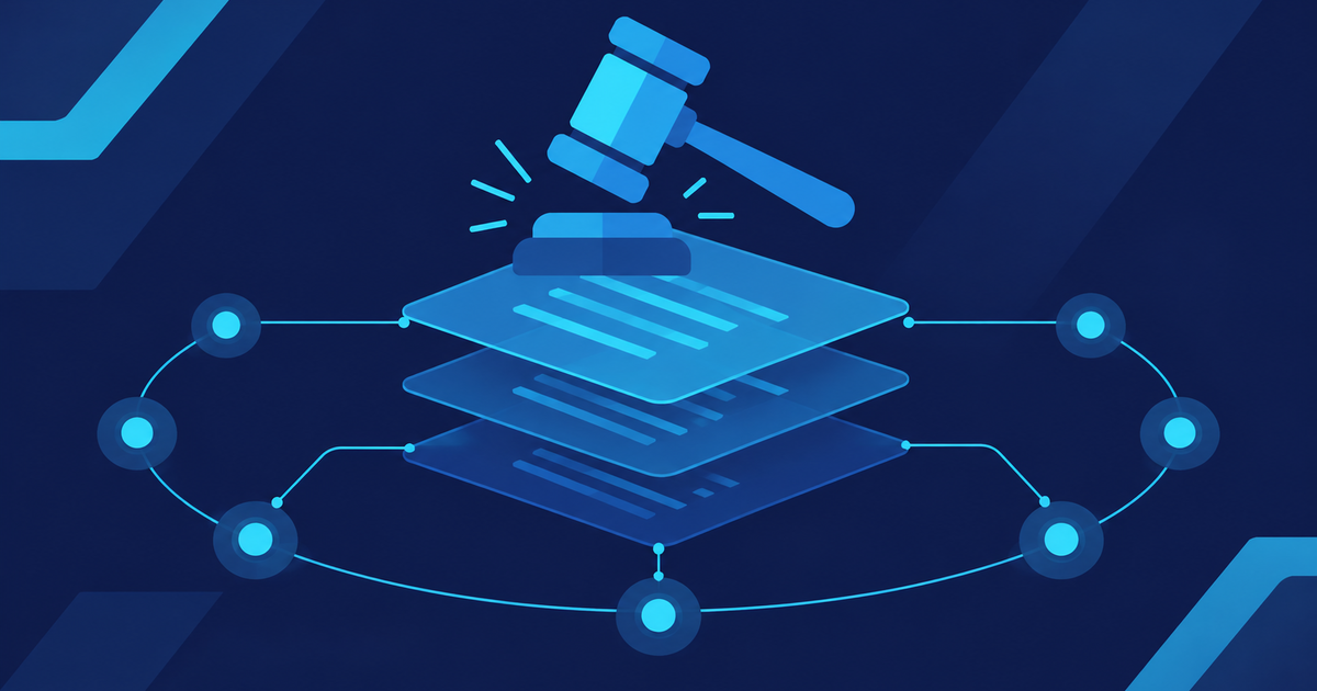 Flat vector illustration of a prediction-market rulebook being adjudicated: three stacked translucent layers of rules text under a geometric gavel, ringed by connected nodes standing for a distributed token vote