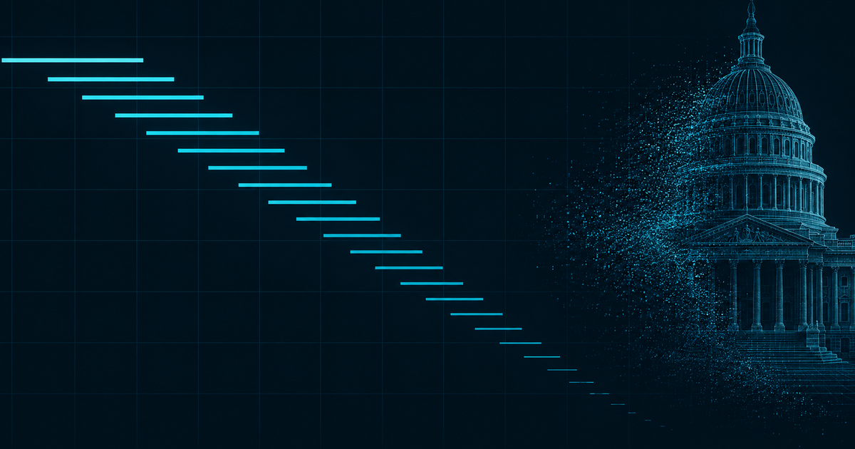 A long staircase of thin cyan bars stepping downward from upper left to lower right, each shorter than the last until they almost vanish, beside a domed legislature building on the right dissolving into particles against a dark teal grid