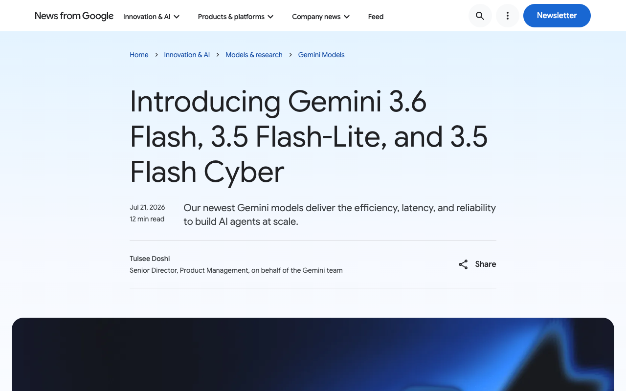 Google's announcement post for Gemini 3.6 Flash, 3.5 Flash-Lite and 3.5 Flash Cyber, dated 21 July 2026, with no Pro model in the lineup