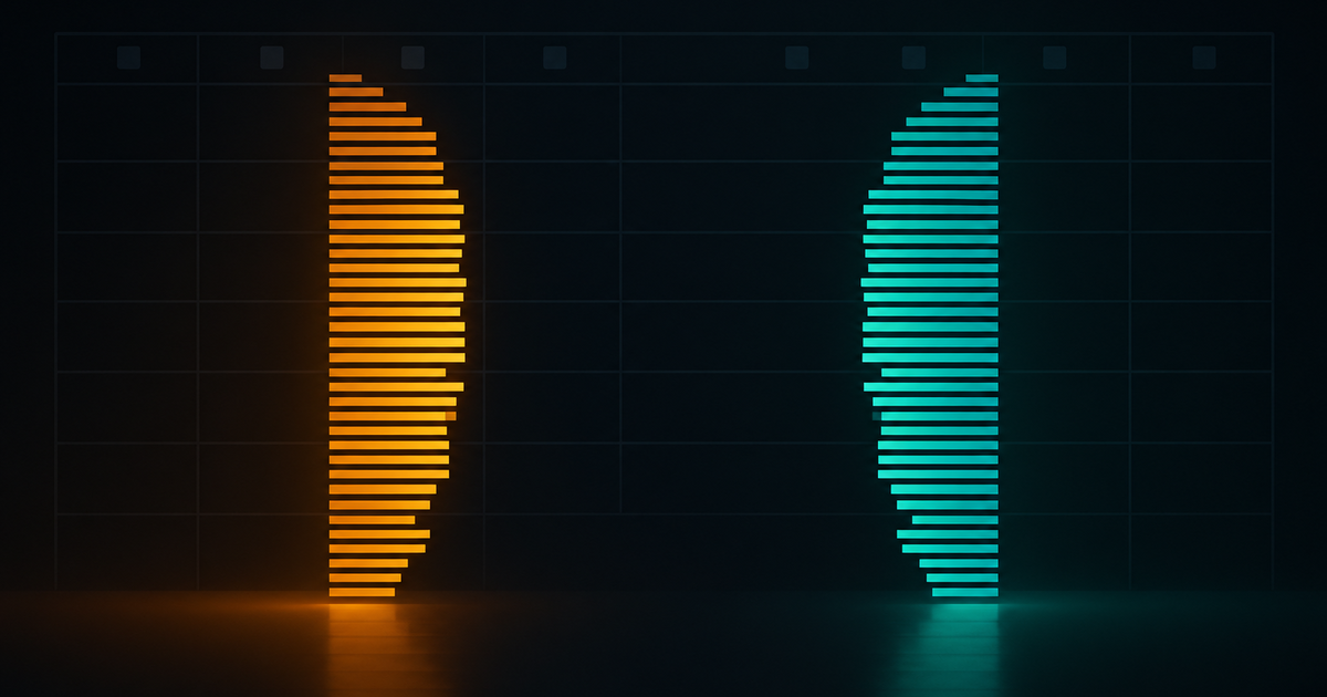 Abstract order book rendered as two facing stacks of thin glowing bars, amber on the left and teal on the right, separated by a conspicuously wide empty gap, over a faint calendar grid
