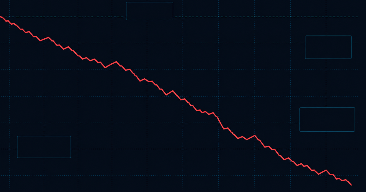 Flat vector chart on a dark grid: a single coral red line falling steeply and continuously from a cyan dashed reference line at the top left down to the bottom right, with four empty panel outlines in the background