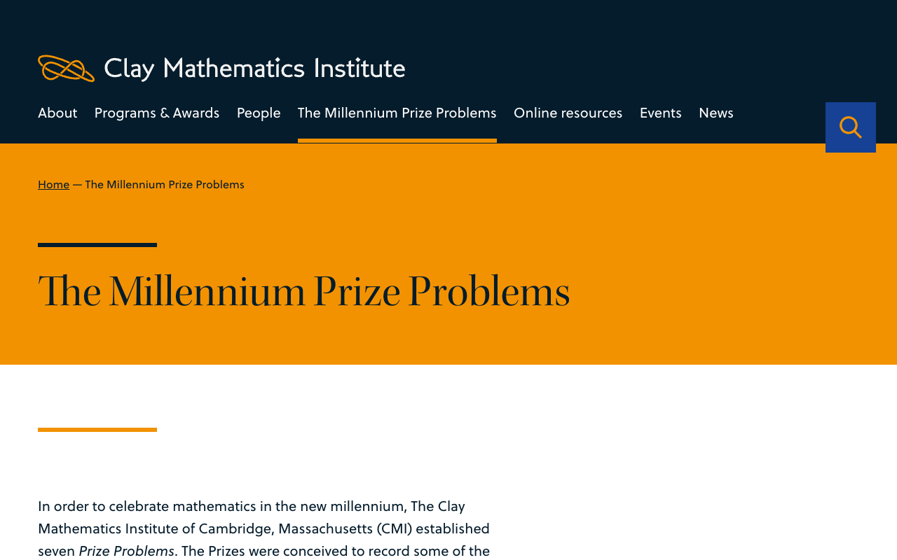Screenshot of the Clay Mathematics Institute's Millennium Problems page showing the seven problems sorted into three buckets, with the Poincare Conjecture alone under Solved problems, Navier-Stokes alone under Active problems, and Birch and Swinnerton-Dyer, Hodge, P versus NP, Riemann and Yang-Mills under Unsolved problems